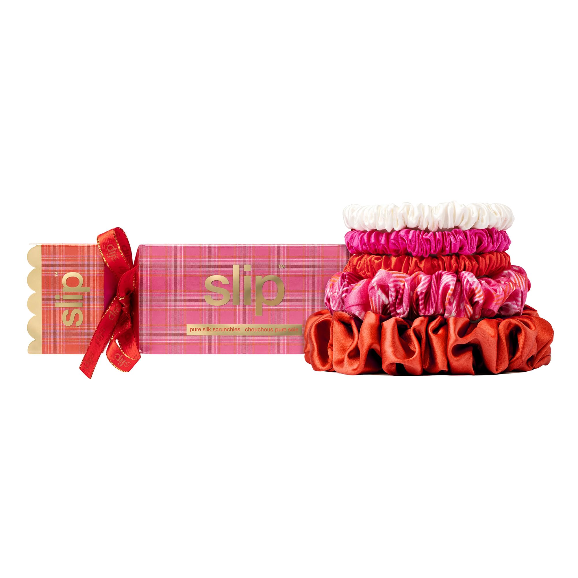 slip Scrunchies in Holiday Cracker Packaging - Anti-Crease, Anti-Breakage Slipsilk Design Protects Delicate Hair | Includes 5 Assorted Pure Silk Scrunchies, Scarlet