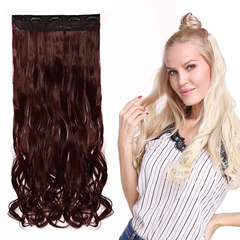 Silk-co 24in One Piece 5 Clips Clip in Hair Extensions 100% Synthetic Long Curly Hairpiece 3/4 Full Head (Wine Red) — image 1