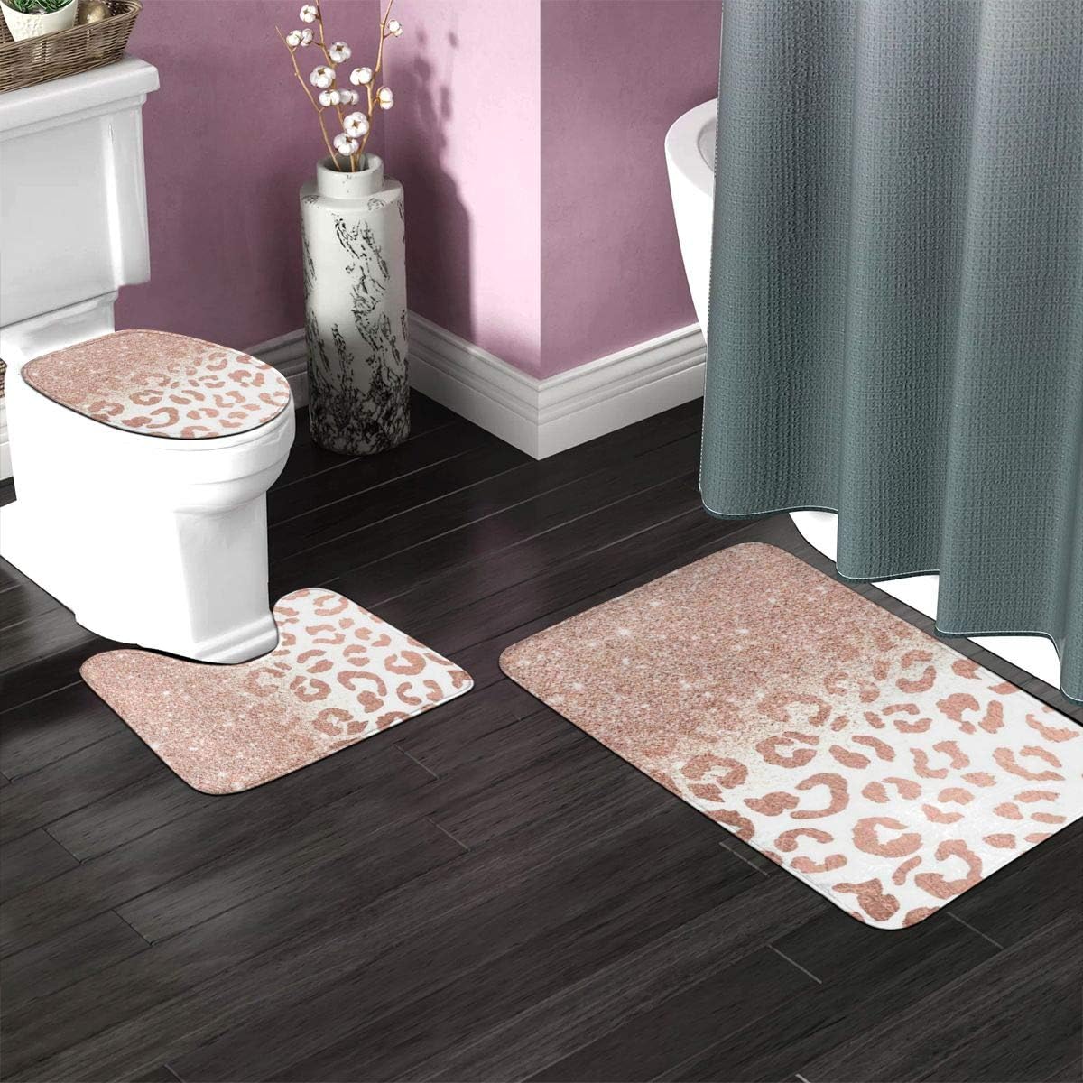Amazon Com Vbcdgfg Bathroom Rugs Sets 3 Piece Glitter Rose Gold Leopard Print Bathroom Rugs Mats Set 3 Pieces Bath Rugs For Bathroom Washable U Shaped Contour Rug Mat And Lid Cover Home