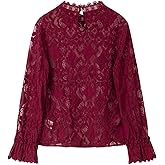 WDIRARA Women's Lace Top Mesh Sheer Blouse Mock Neck Flounce Long Sleeve Shirts