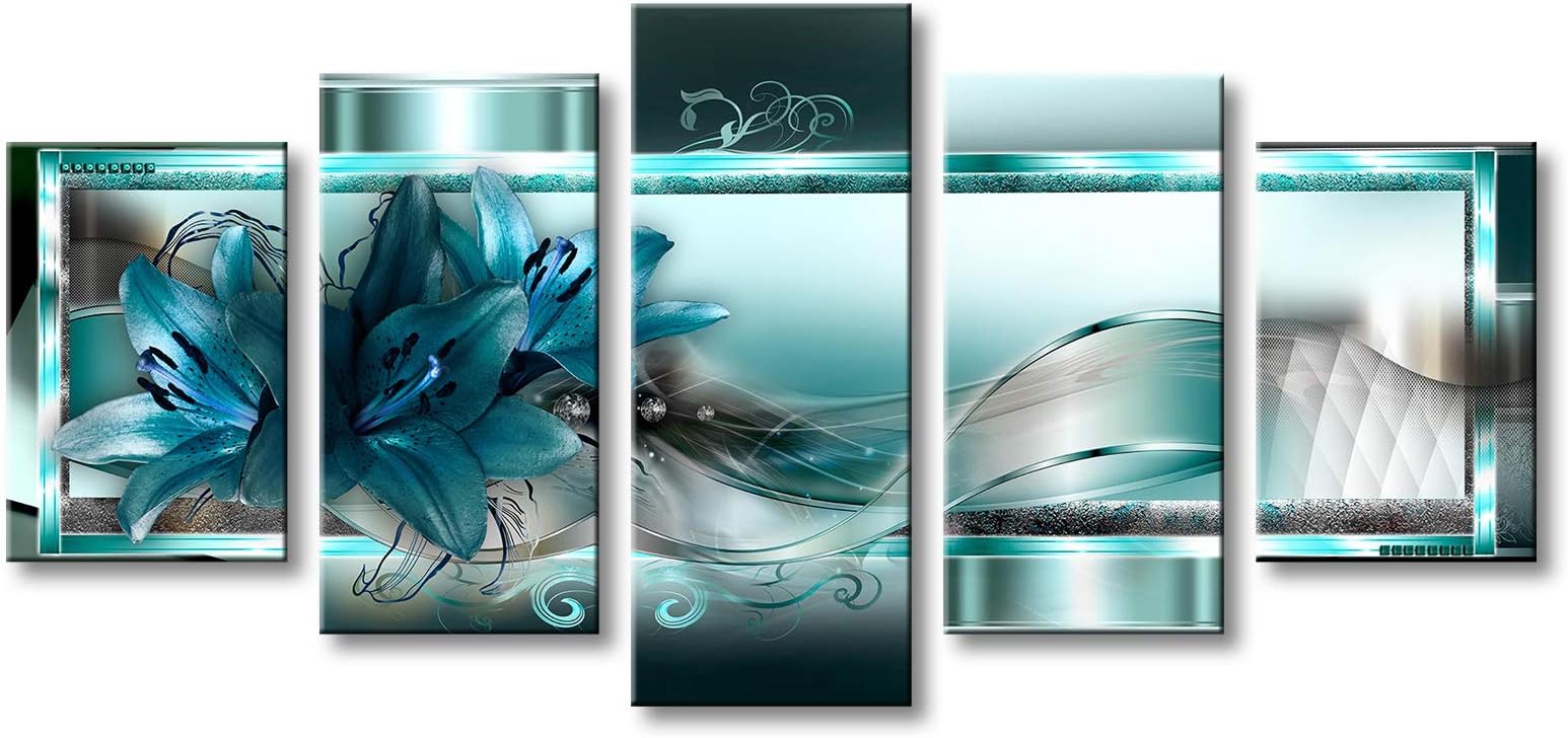 Large Turquoise Flower Canvas Wall Art 5 Panels Floral Abstract Print Painting 60x30 inch