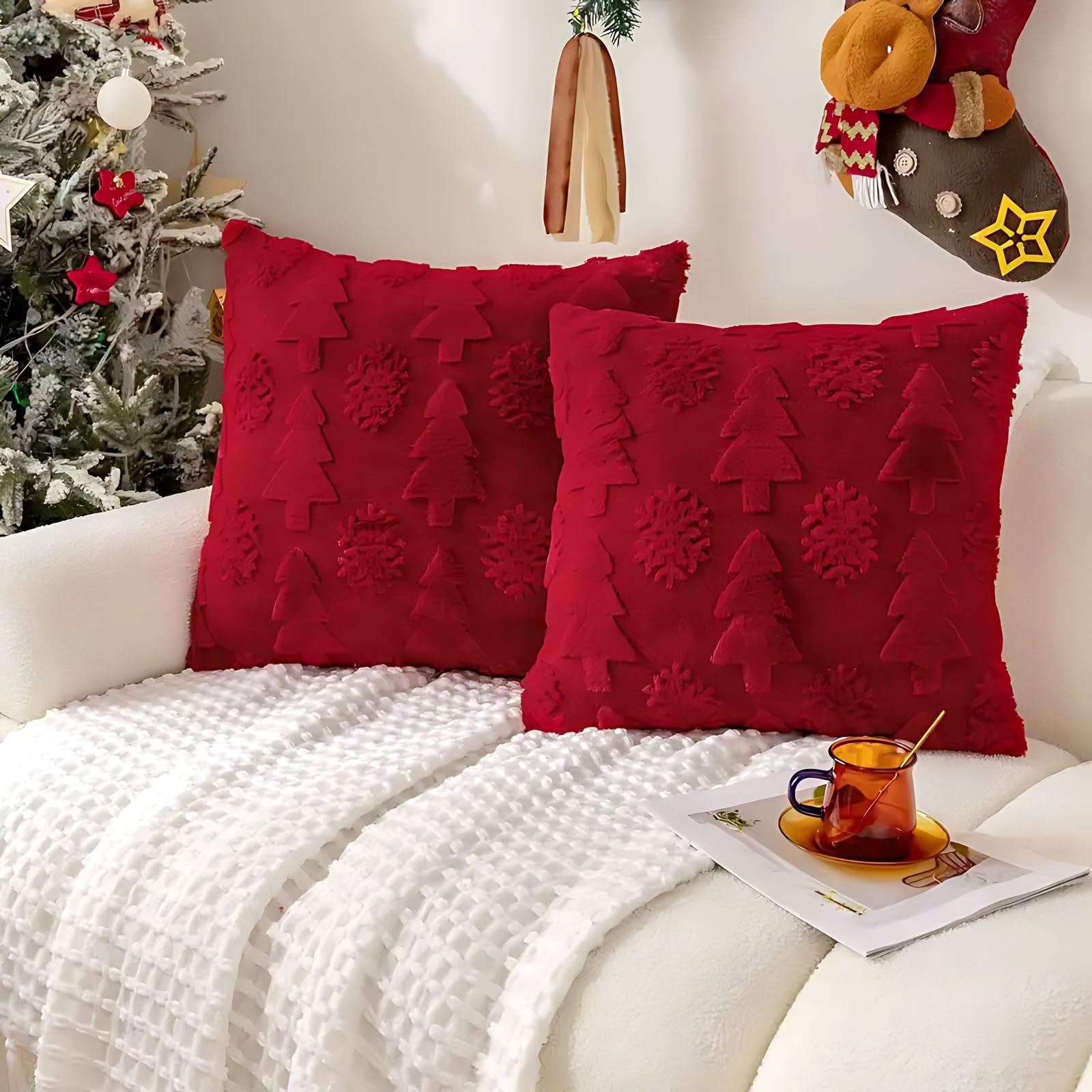 QKTYB Christmas Cushion Covers Set of 2 Pillow Cases 18x18inch, Coral Fleece Xmas Cushion Covers Snowflake and Tree Design Pillow Cover for Sofa Bed Living Room Christmas Decor (Red)