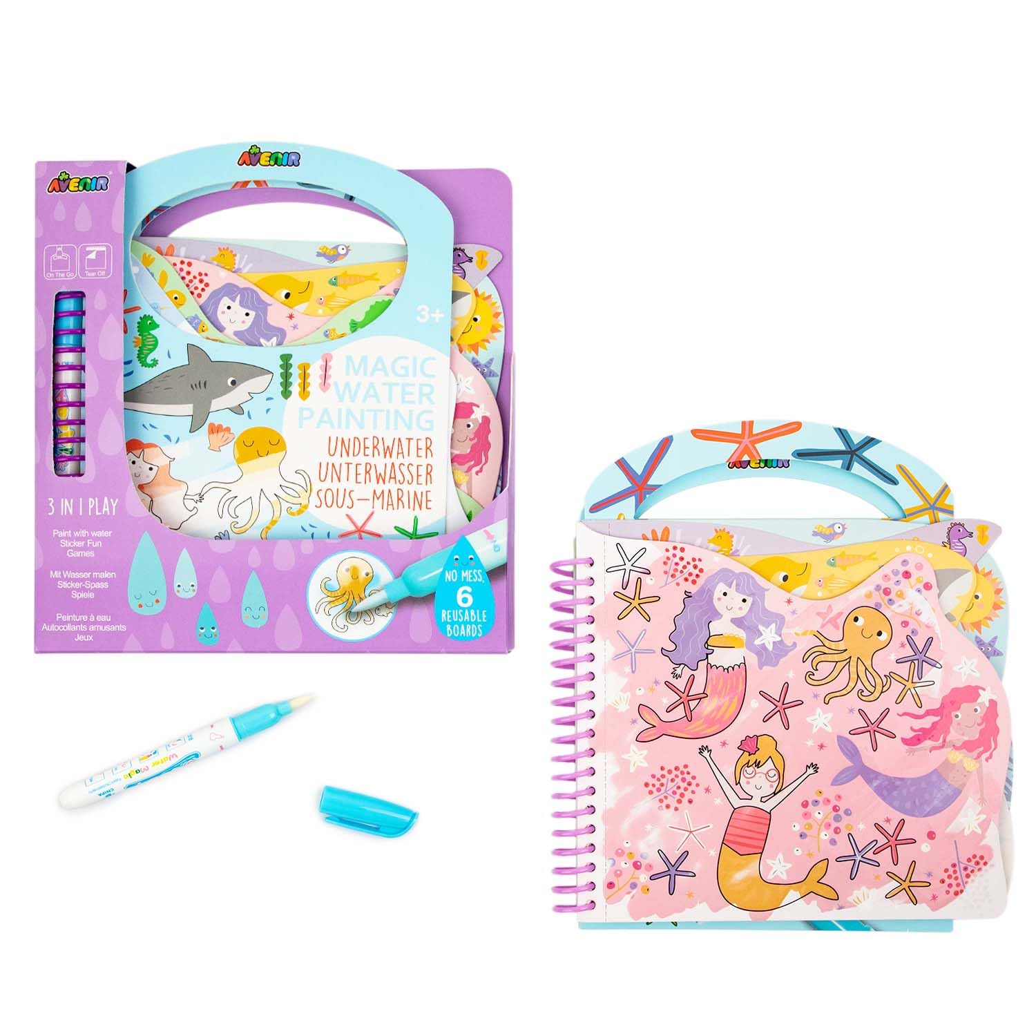 Avenir Magic Water Painting Kit | Underwater Colouring Game, 3-in-1 Creative Set | Games, Stickers and Colouring Pictures. Grab and go - ideal for travel for Children Aged 3 Years and Above