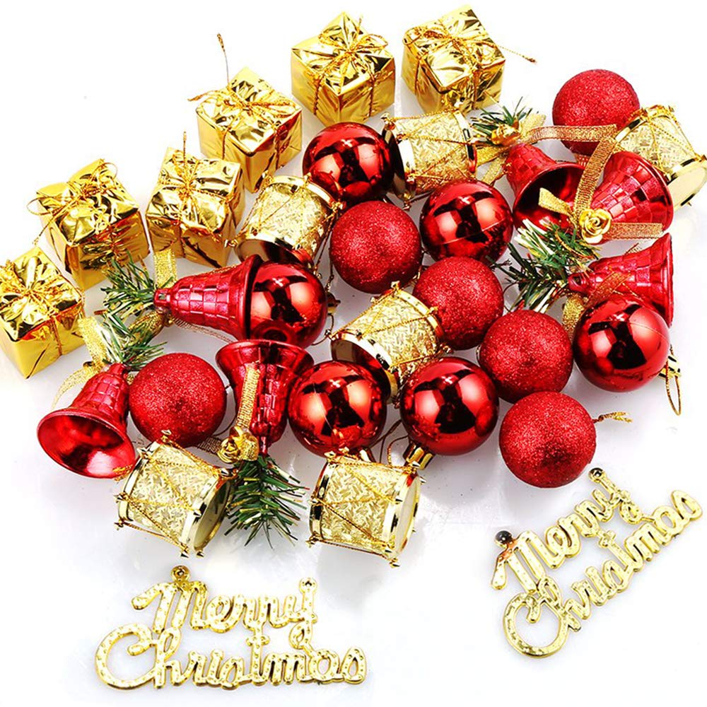 Amacoam Mini Christmas Baubles Red and Gold Christmas Decorations Christmas Tree Decoration Balls Jingle Bells Golden Drum Pendants Hanging Plastic Shatterproof Assorted Baubles Ornament Set 32 Pieces