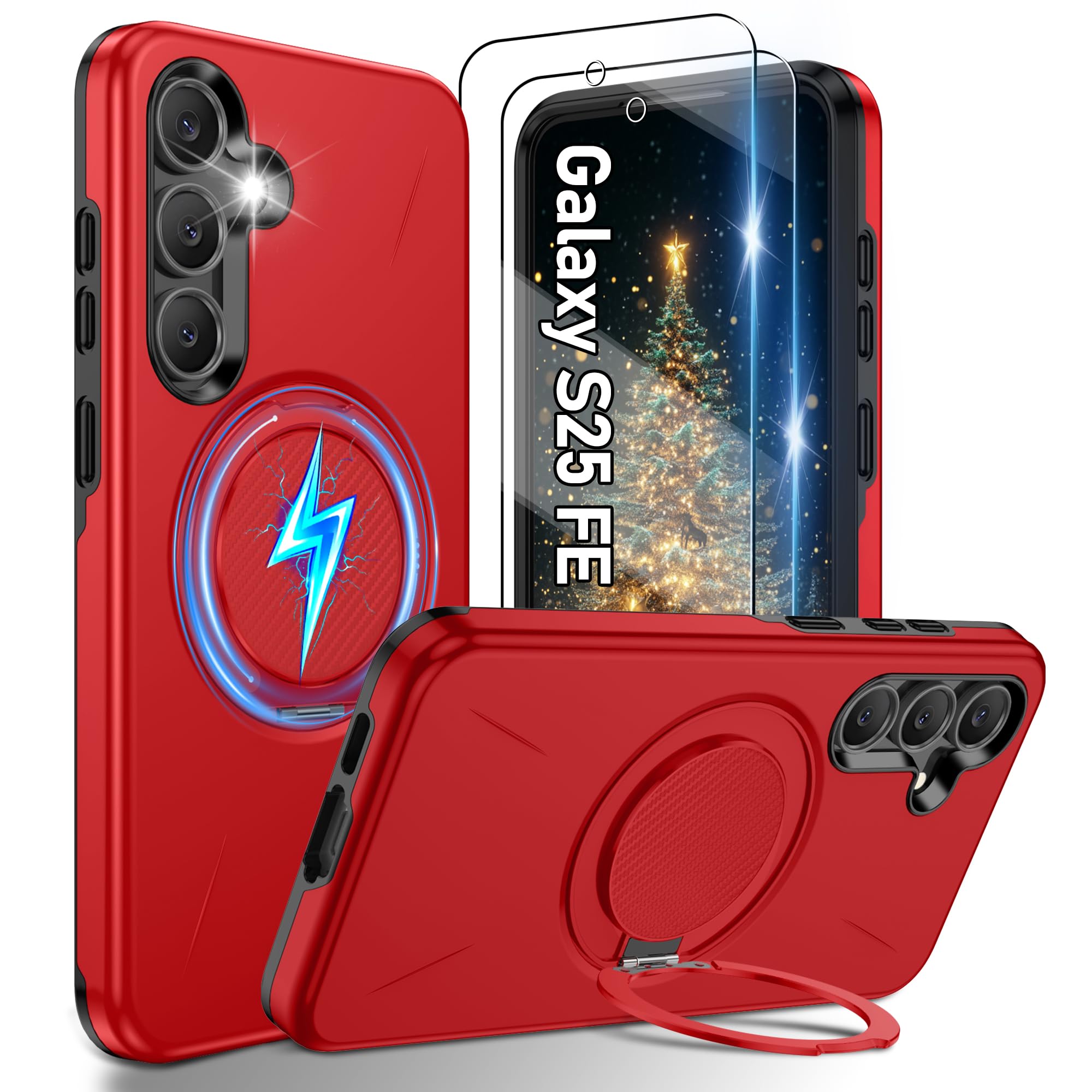 Gritup for Samsung Galaxy S25 FE Case [Compatible with MagSafe Accessories]:2 Pcs HD Screen Protectors,Built-in Kickstand,Dual Layer Shockproof,Camera Guard,Velvet Touch,S25 FE-Red