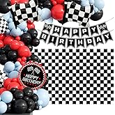 109 Pcs Racing Car Balloon Garland Arch Kit Race Car Themed Birthday Party Decoration light blue red black balloons black and white checkered racing flag Foil Balloons for Racing Car Party Supplies