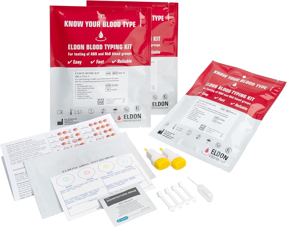 EldonCard Blood Type Test Kit - Lancet, Micropipette, Swab - Air Sealed