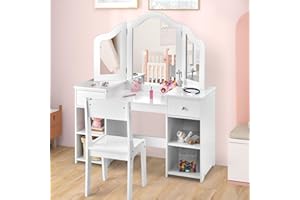 AKUSTIK Kids Vanity, 2 in 1 Wooden Princess Makeup Table and Chair for Toddlers with Tri-Folding Detachable Mirror, Storage Drawers for Little Girls, Pretend Beauty Dressing Desk Play Set Toy Gift
