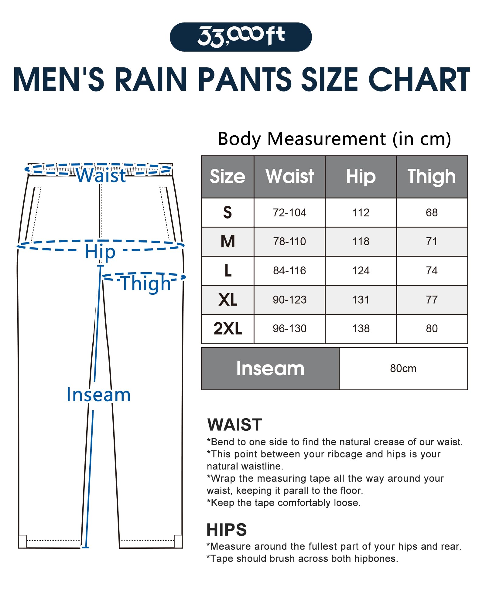 33,000ft Packbare Regenhose Herren Wasserdicht Leichte Fahrrad Überziehhose Winddicht Reflektierende Wanderhose zum Golf Outdoor Angeln Schwarz M 6