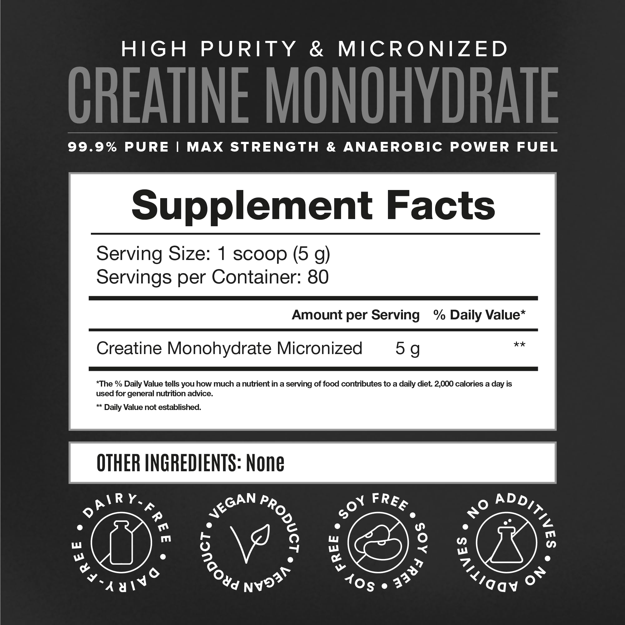 Micronized Creatine Monohydrate Powder, Muscle Recovery, Caffeine Free, Creatine Pre Workout, Vegan, Post Workout, Gluten Free, Sugar Free | 80 Servings (5 Grams Each) | 0.8lb