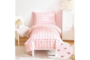 FLYSHEEP 4 Pieces Tufted Dots Toddler Bedding Set Solid Pink Jacquard Pom Pom Tufts, Soft and Embroidery Shabby Chic Boho Design for Baby Girls, Includes Comforter, Flat Sheet, Fitted Sheet and Pillowcase