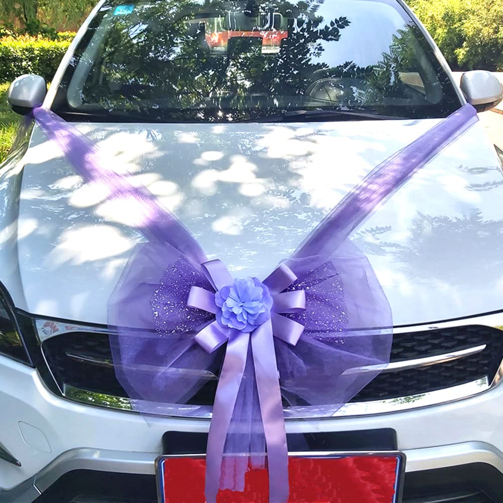 Organza Car Jewellery Bride Couple Wedding Car Bow Large Tulle Bow Giant Bow Decorative Bow for Car Decoration Wedding New Houses Party Celebration Valentine's Day Bridal Car Decoration Purple C