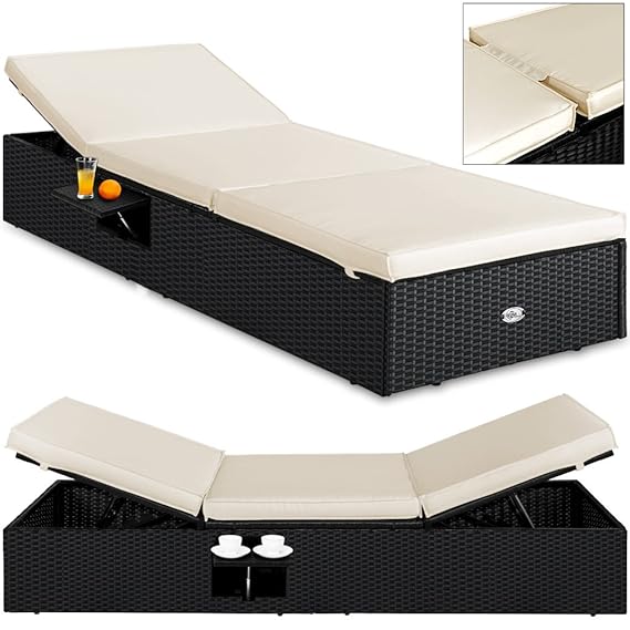 Poly Rattan Sonnenliege Gartenliege Schwarz | Dicke Auflagen | Verstellbare Lehne | Klapptisch | Relax Liege Gartenmöbel