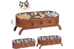 handrong Elevated Cat Bowls,Cat Food Bowls,Tilted Pet Bowl,Bamboo Raised Cat Bowl,Adjustbale Cat Feeding Bowls Pet Feeder with Stand 3 Stainless Steel Bowls for Cats Small Dogs, Medium, Brown