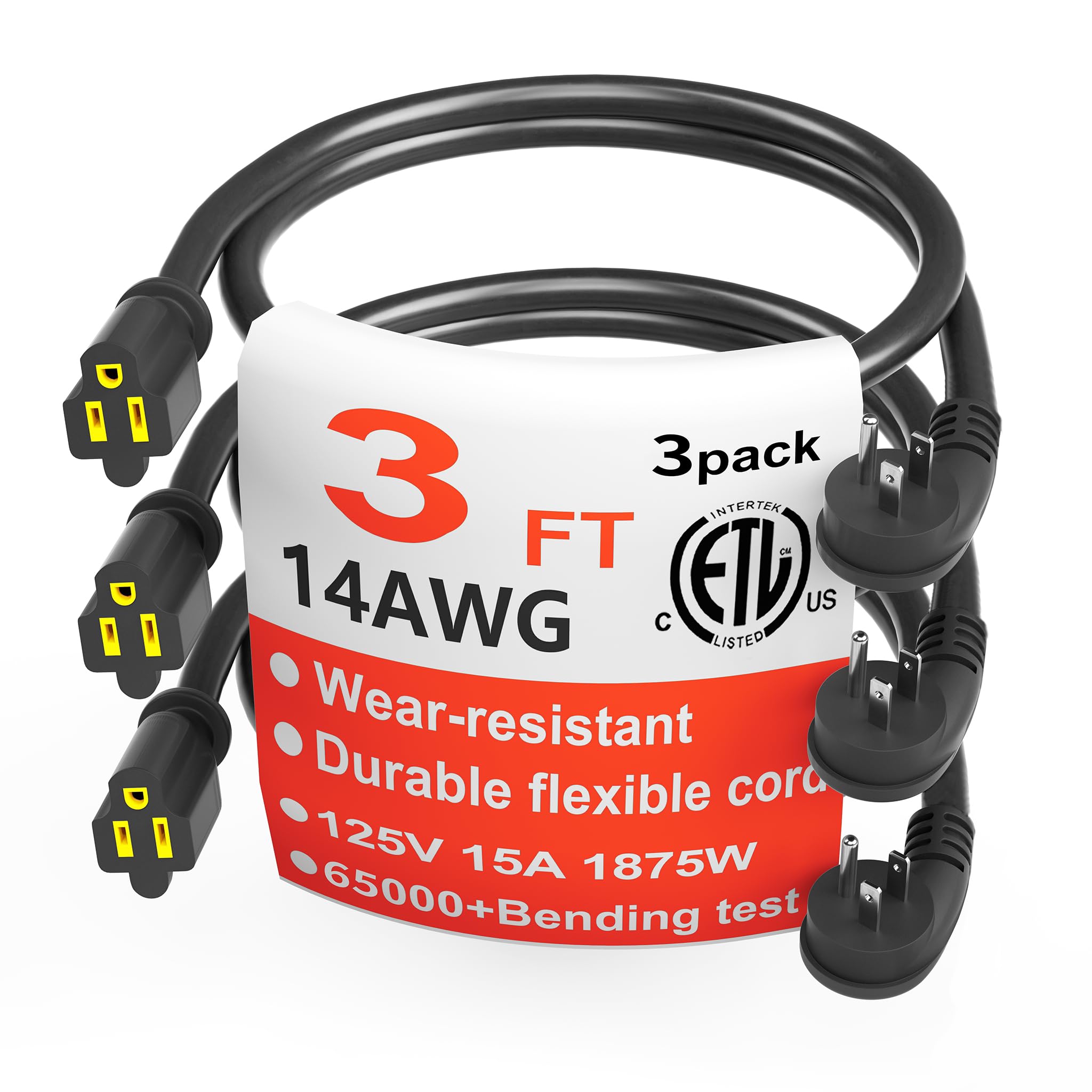 Photo 1 of HUANCHAIN 14 Gauge 3 Feet (3 Pack) Flat Plug Extension Cord Black Indoor Outdoor, Heavy Duty 3 Prong Grounded Low Profile Extension Wire Flexible, 15A 1875W 125V 14AWG SJTW, ETL Listed