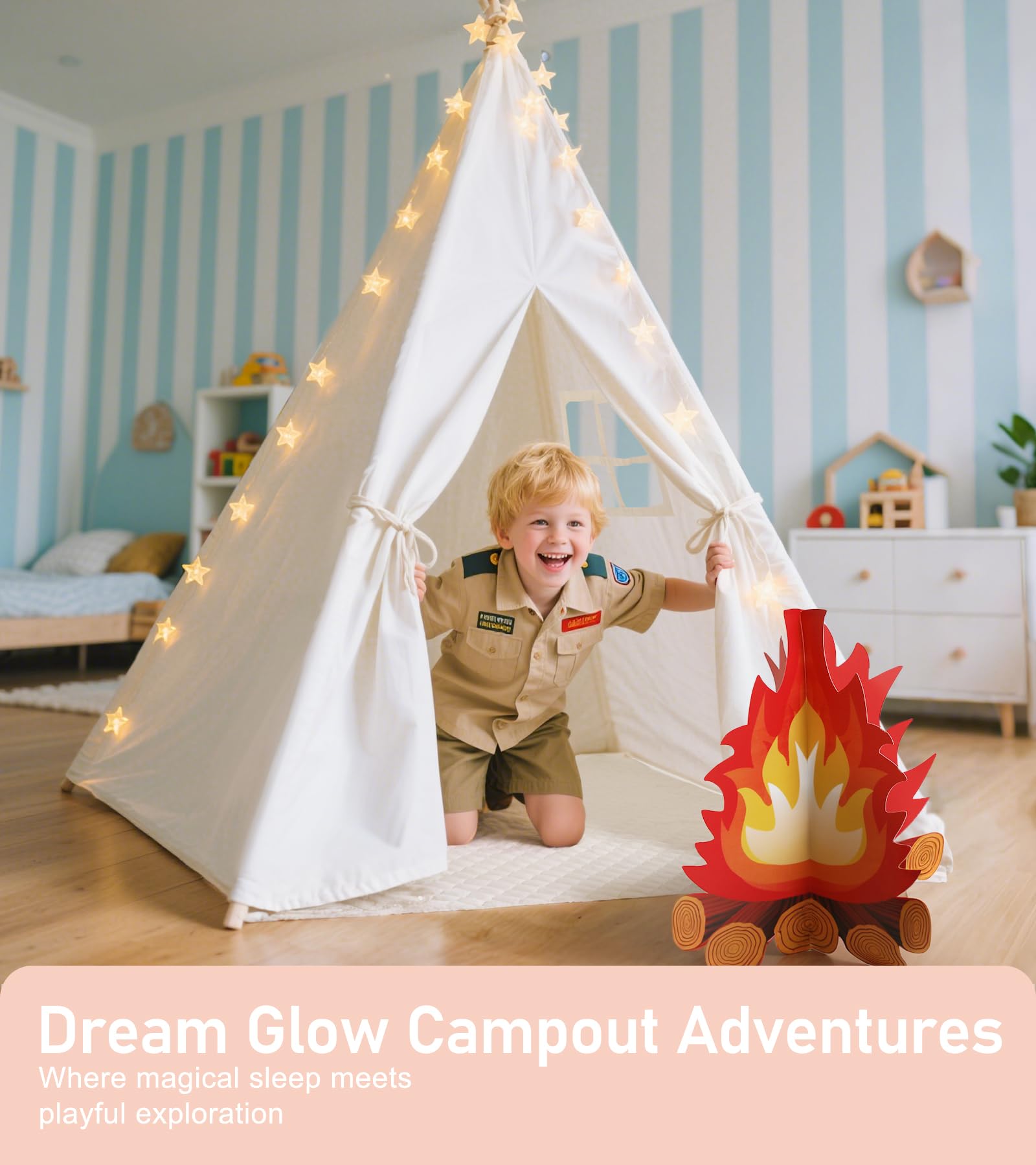 little dove Teepee Tent for Kids Foldable Teepee Play Tent with Carry Case, Banner, Fairy Lights, Olives Branches, Four Poles Style Raw White Color - New Version Tiny House