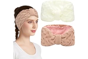 Semato 2 Pcs Ear Warmers Headband for Women Hair Accessories Chunky Crochet Knitted Winter Turban Headbands Winter Accessories for Women (white+pink)