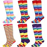 Ngdhkd 6 Pairs Rainbow Knee High Socks Striped Clown Colorful Funny Stripe Stockings Novelty Stockings Colorful Pattern Cotton Knee High Socks for Women