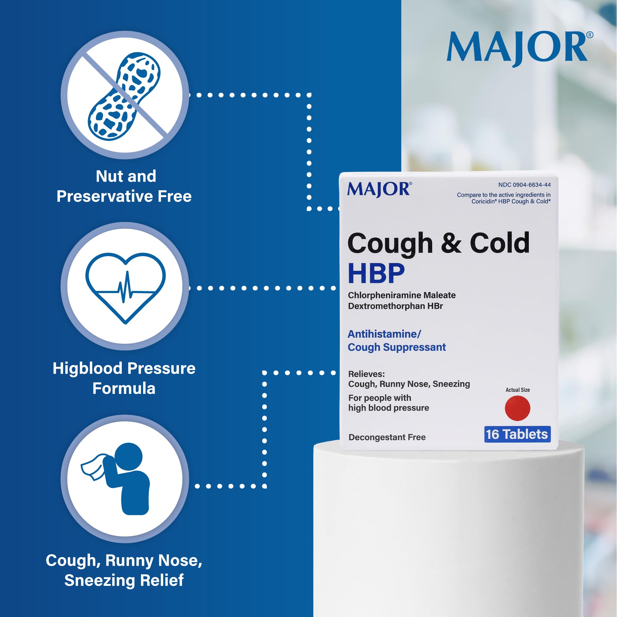 Major Cough and Cold HBP Tablets - Antihistamine and Cough Suppressant for People with High Blood Pressure - Dextromethorphan HBr, Chlorpheniramine Maleate - 16 Count (1 Pack)