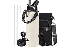 DIGJUPER 40oz Insulated Water Bottle - w/Straw Spout Lid, Bottle Holder with Strap, Paracord Handle, Protective Bottom Boot, Stainless Steel Metal Thermo Jug Flask Cold 48h & Hot 24h, Cream White