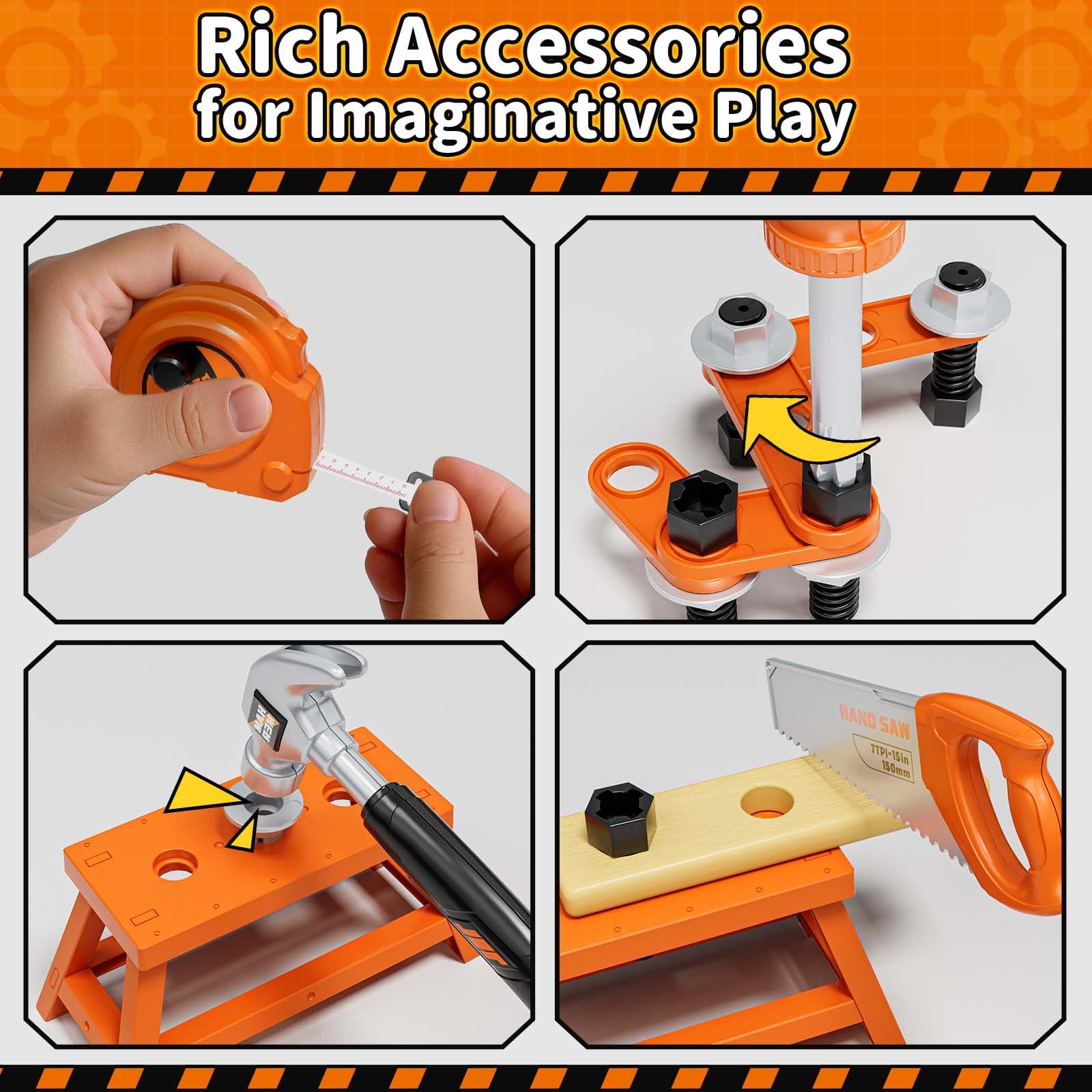 KidBloom Werkzeugkoffer Kinder Geschenk Junge 3 Jahre, Kinderspielzeug ab 3 Jahre mit Bohrmaschine und Bauarbeiter Kostüm Kinder, Spielzeug ab 3 4 5 Jahre Junge 7