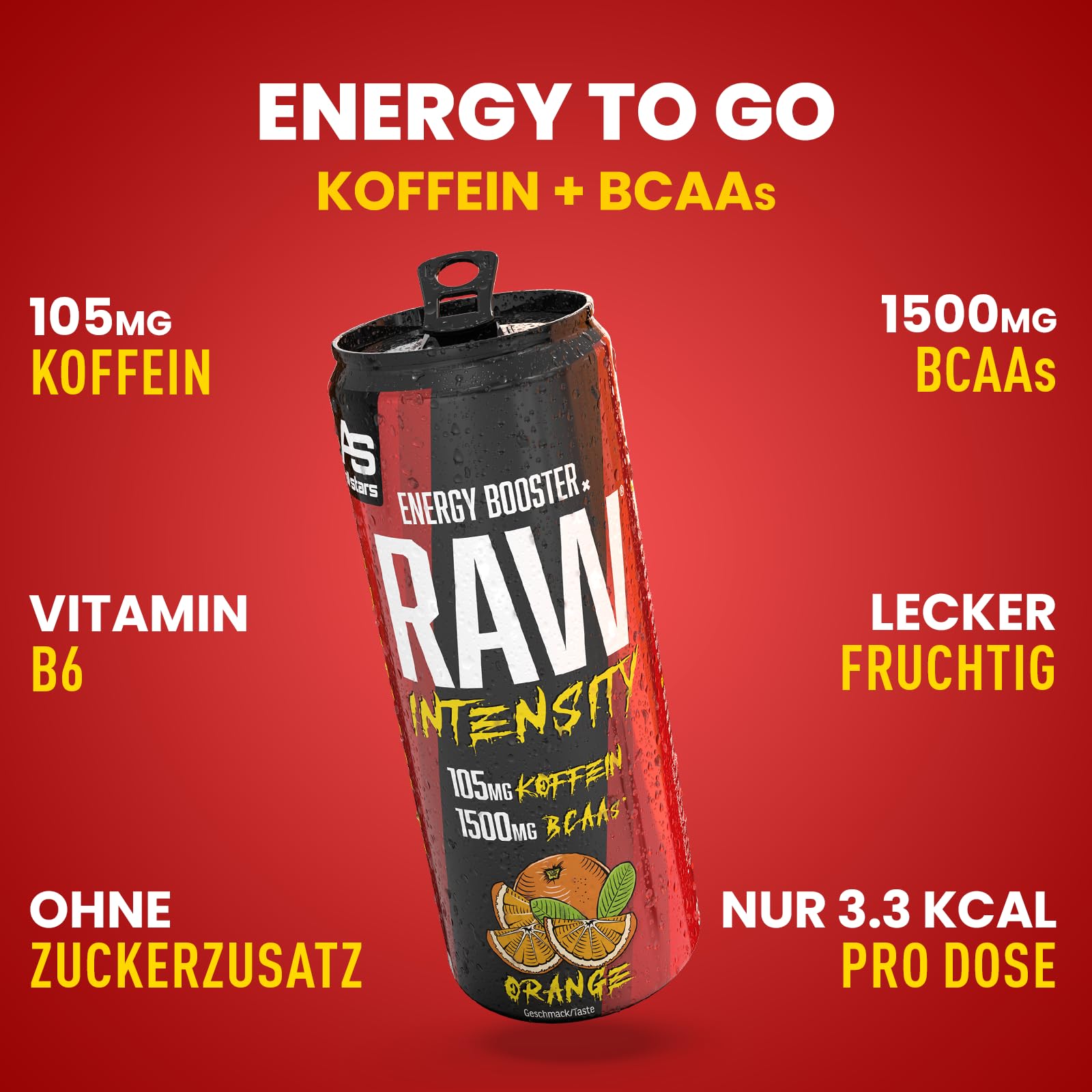 All Stars Raw Intensity Energy Drink, Orange, 24 x 330ml, lecker, fruchtiges Erfrischungsgetränk mit 1500mg Aminosäuren und B-Vitaminen, ohne Zucker, No Carbs, kohlensäurehaltig mit Koffein 3