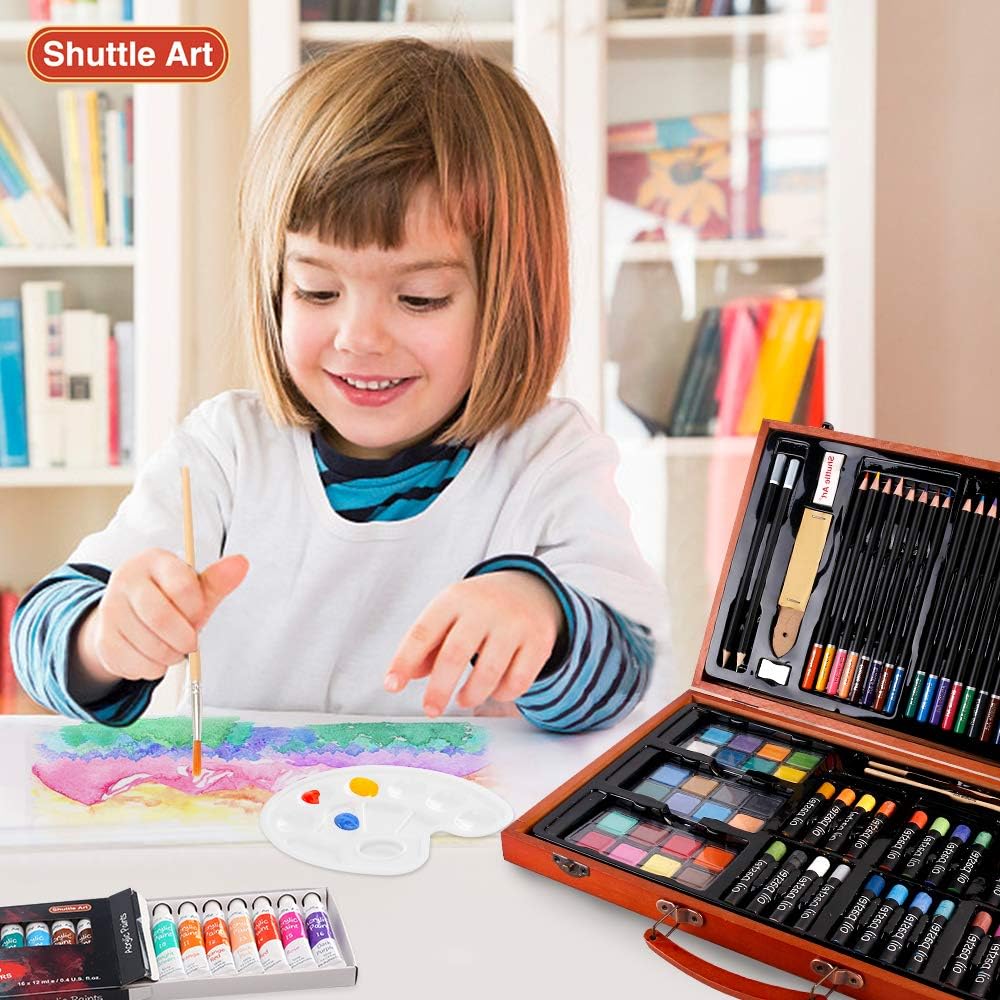 118 Piece Deluxe Art Set, Shuttle Art Art Supplies in Wooden Case, Painting Drawing Art Kit with Acrylic Paint Pencils Oil Pastels Watercolor Cakes Coloring Book Watercolor Sketch Pad for Kids Adults : Office Products