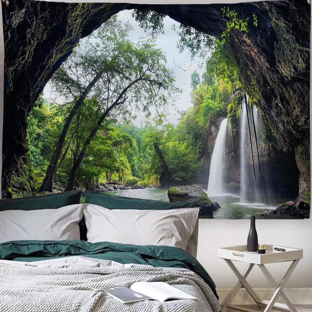 Tapestries - PROCIDA Mountain Cave Tapestry Waterfall Wall Hanging Forest Nature Landscape Wall Tapestry for Bedroom Living Room College Home Decorations with Nails, 80