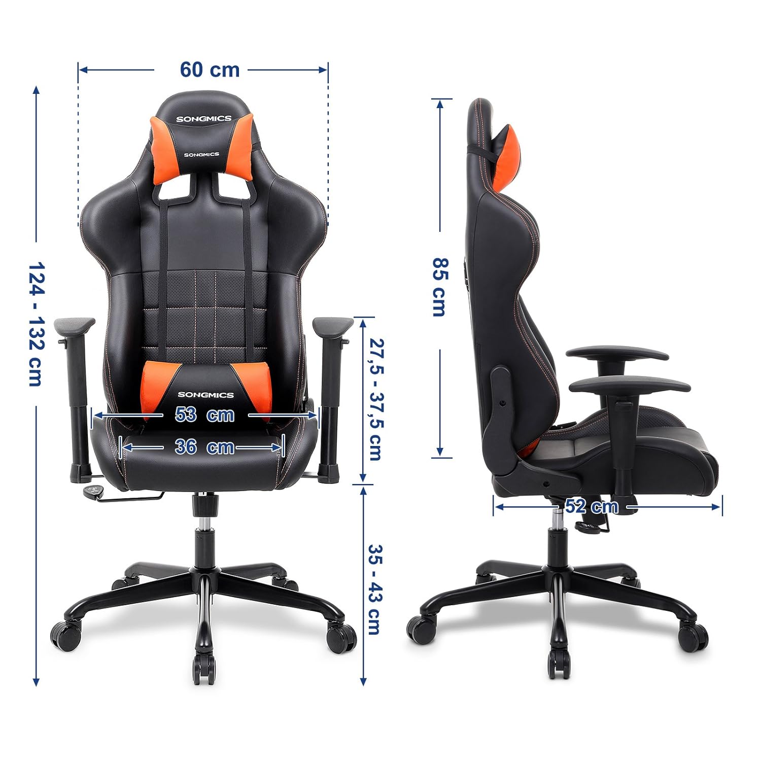 Songmics Burostuhl Gaming Stuhl Computer Spiel Stuhl Burostuhl Racer Ergonomisch Verstellbare Armlehnen Lendenkissen Schwarz Orange Rcg32j Wippfunktion