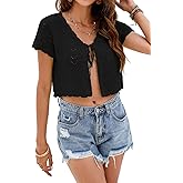 LANSALIRO Women's Crochet Shrugs 2025 Summer Tie Front Bolero Sweaters Short Sleeve Lightweight Cardigans