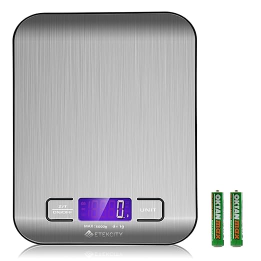 Etekcity EK6015 Báscula Digital para Cocina de Acero Inoxidable, 5kg / 11 lbs, Balanza de Alimentos Multifuncional, Color Plata (Baterías Incluidas)