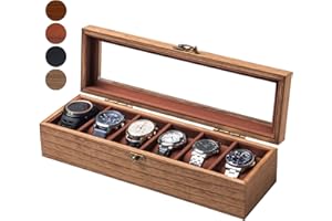 Exper City Watch Box for Men and Women - Large Glass Lid, Wooden Display Storage Case With 6 Slots, Retro Burlywood Organizer