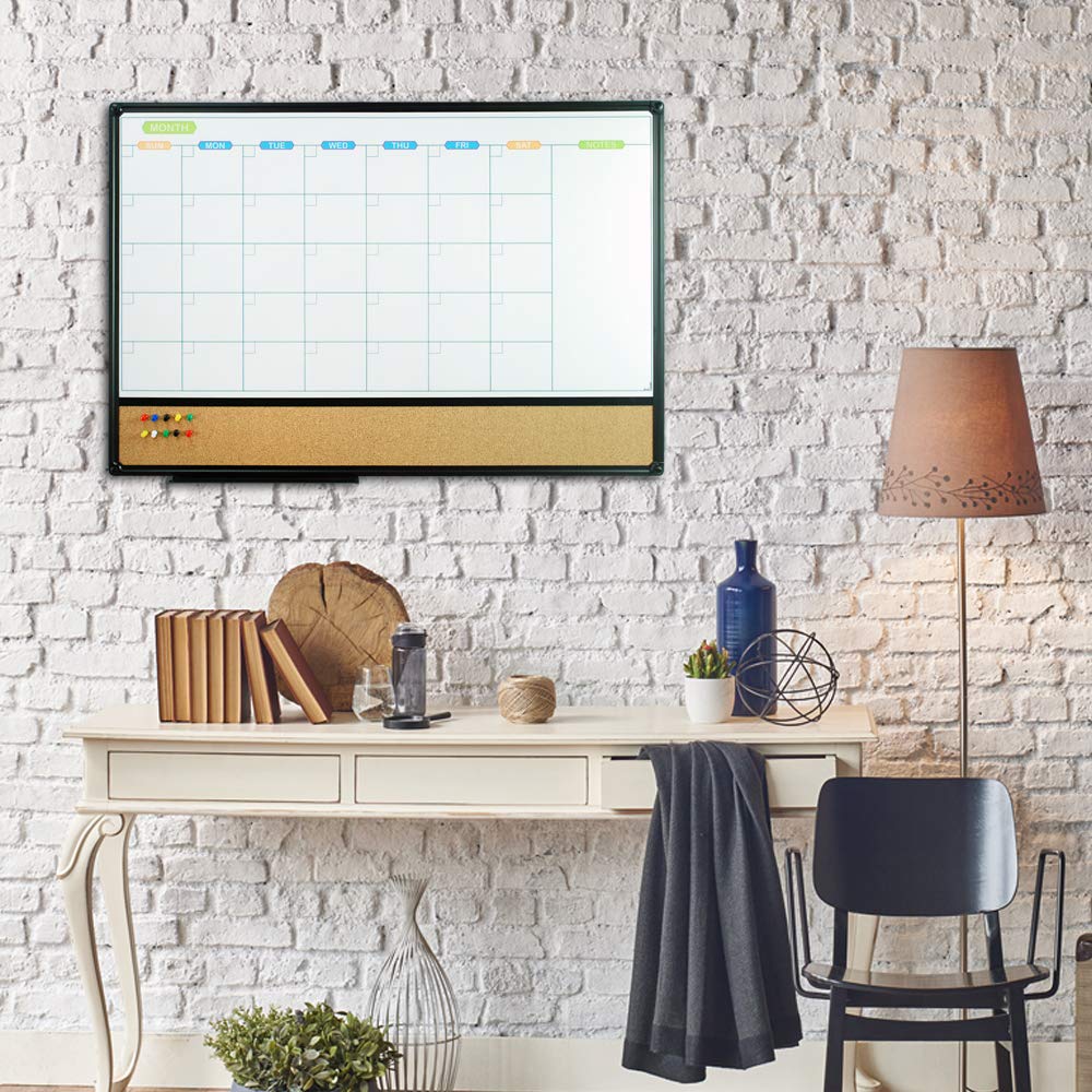 JILoffice Magnetic Calendar Whiteboard & Bulletin Corkboard Combination, Combo Board 36 x 24 Inch, Black Aluminum Frame Wall Mounted Board for Office Home and School with 10 Push Pins