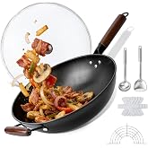 Colourcoco Carbon Steel Wok - Woks &amp; Stir-Fry Pans | 𝟏𝟑" Nonstick, Wok with Lid, Fast Heat Conduction, Uniform Heat Conduction Flat Bottom Woks, Professional Chef Cookware