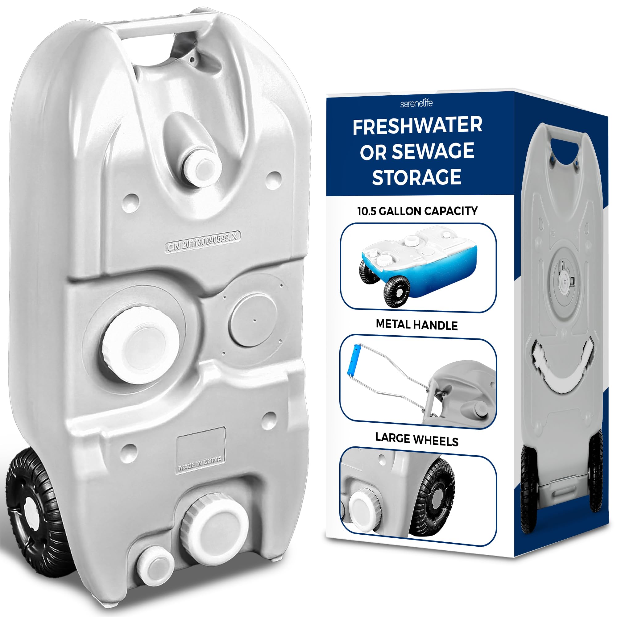 Photo 1 of SereneLife 40L RV Portable Water Tank with Metal Handle and Large Wheels, Ideal Water Storage Container for Camping and Outdoor Activities, Fresh Water or Sewage Holding Tank, Easy to Use