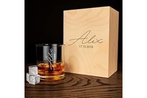 Personalized Whiskey Gift Set – Engraved 10.5 oz Glass, 3 Whiskey Stones & Custom Wooden Box – Whiskey Lover Gift for Dad, Hu