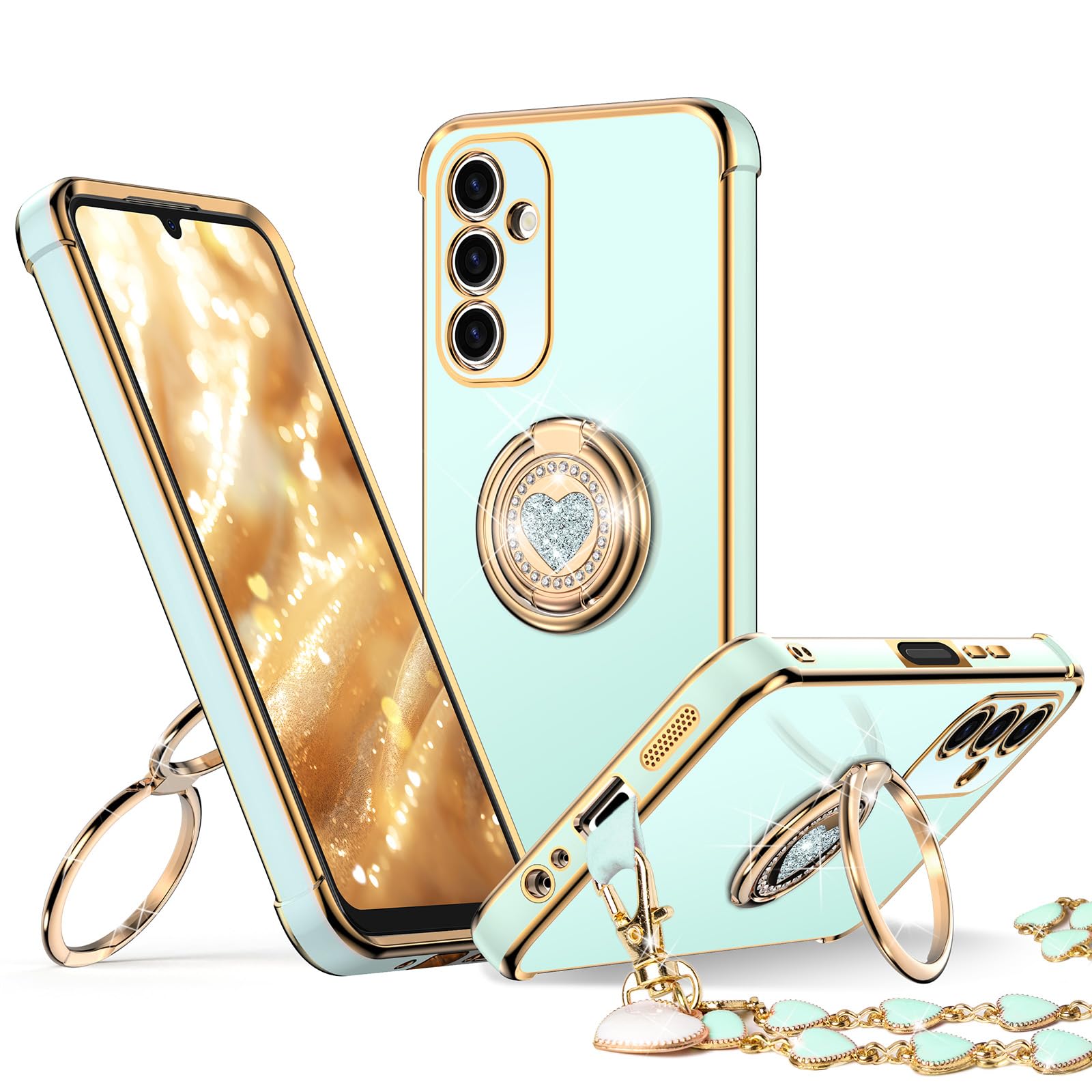 XYZ for Galaxy A15 5G Case with Stand, Phone Case with Double Ring Kickstand, Women Girls Bling Luxury Protective Phone Cover Heart para A15 5G, Green