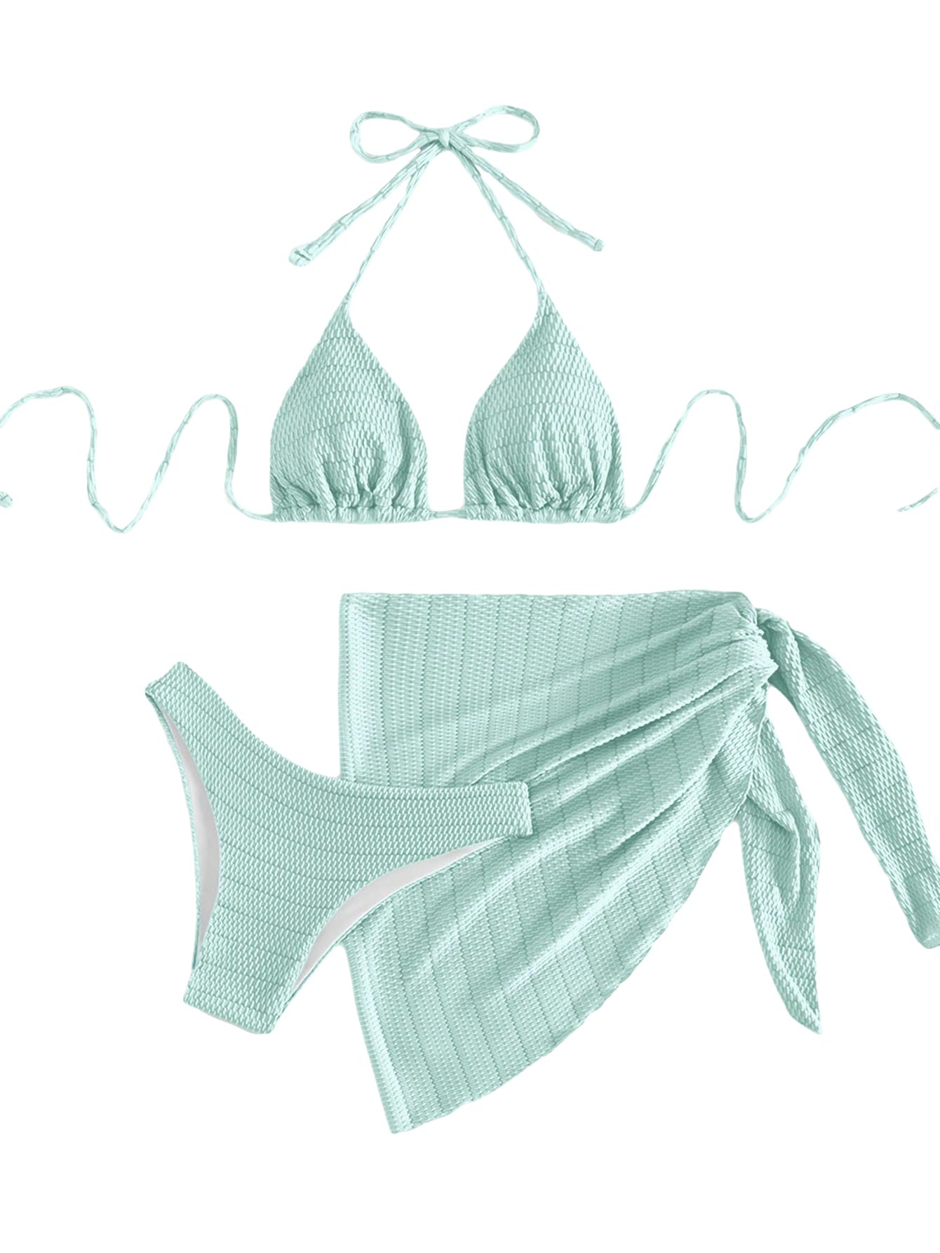Photo 1 of SHENHE Women's 3 Piece Textured High Cut Halter Triangle Bikini Swimsuit with Cover Up Mint Green Small