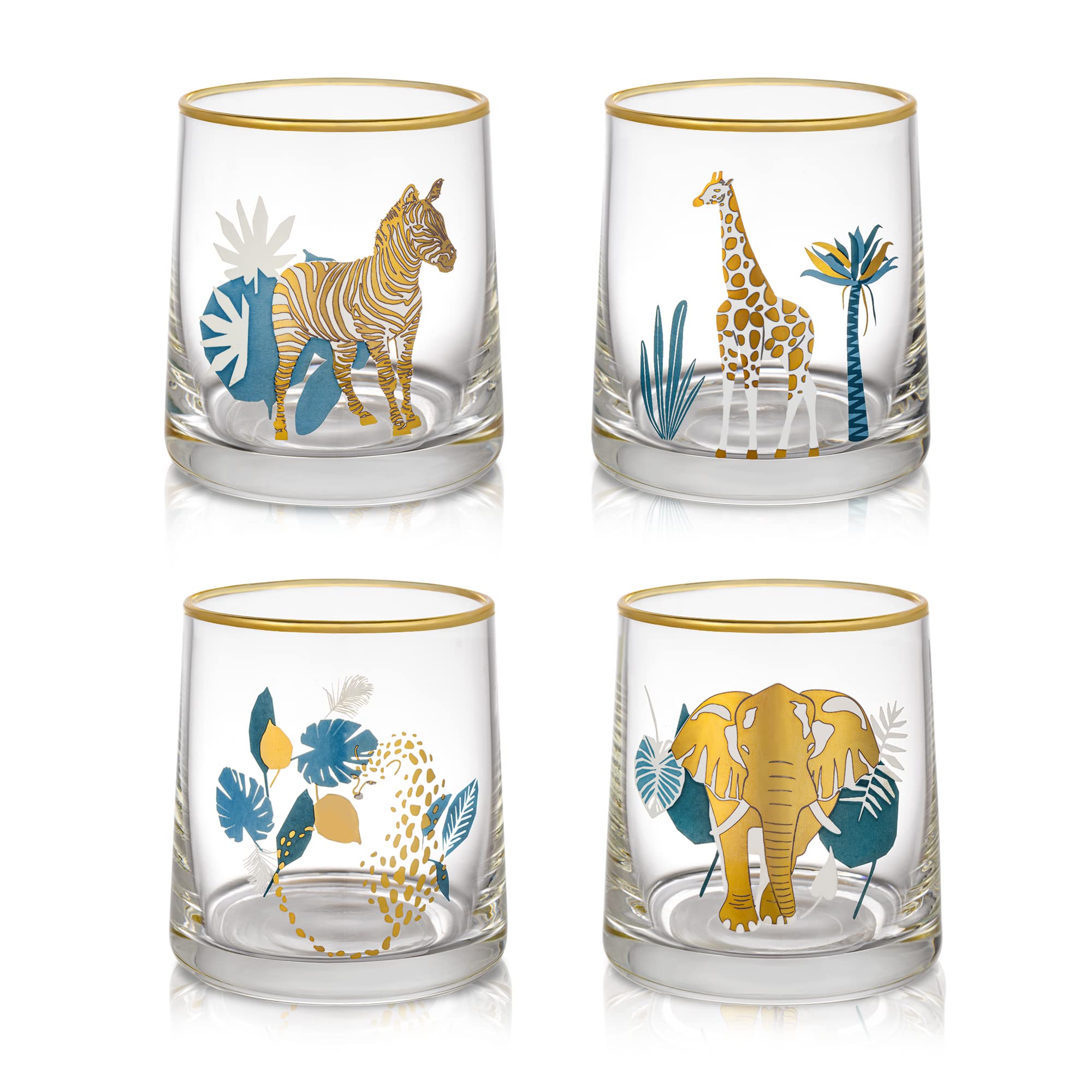 Joeyan 270ml Creative Drinking Glasses with African Animal Patterns - Set of 4 Gold Rimmed Decal Water Glasses - Novelty Whiskey Tumblers for Wine, Cocktail, Rum, Liquor and Beverages