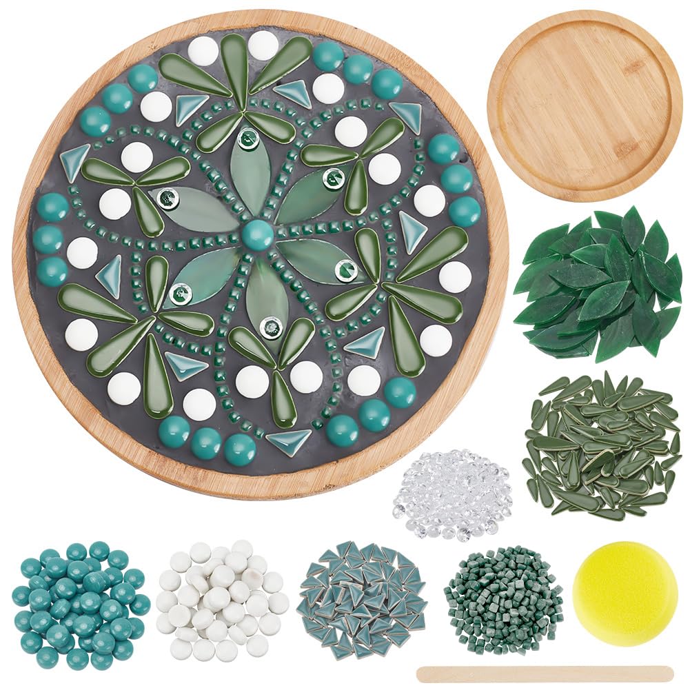 WEBEEDY DIY Mandala Ceramic Mosaic Kit Flower Mosaic Bamboo Coasters Kits for Adults Beginner Green Glass Mosaic Tiles with Bamboo Coaster Base for Handmade Mosaic Coaster Home Summer Decor