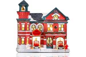 taman Christmas Ceramic Village, Fire Station with Warm Lights Xmas Village House Tabletop Decoration for Christmas Tabletop Home Décor Kids' Gift
