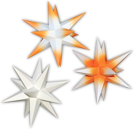 3er Set beleuchtete Sterne aus Papier weiß, orange & weiße Spitzen