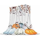 ubnlkto Pumpkin Flannel Throw Blanket - Fall Thanksgiving Watercolor Autumn Pumpkins Terracotta Eucalyptus Leaves Decorations - Bed, Sofa, Couch, Travel - 40"x50"