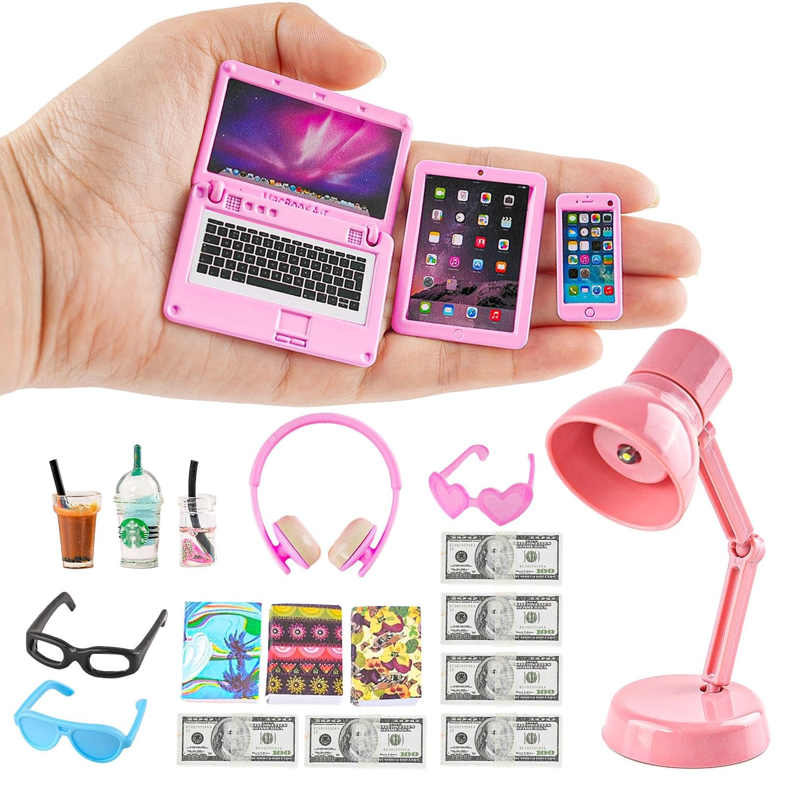 20Pcs Dollhouse Miniature Laptop Computer Tablet Phone Lamp Book Glasses Coffee Headset Simulation Accessories 1/12 1/6 Toy Pad Play Set Fits Barbie Doll Girl Mini Drink Party Office (Pink)
