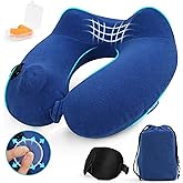 Glyzia Inflatable Travel Neck Pillow for Airplane, Head Support Velvet Adult Neck Pillow for Long Flight, Kit with Eye Mask, Earplugs and Storage Bag,1, Navy Blue