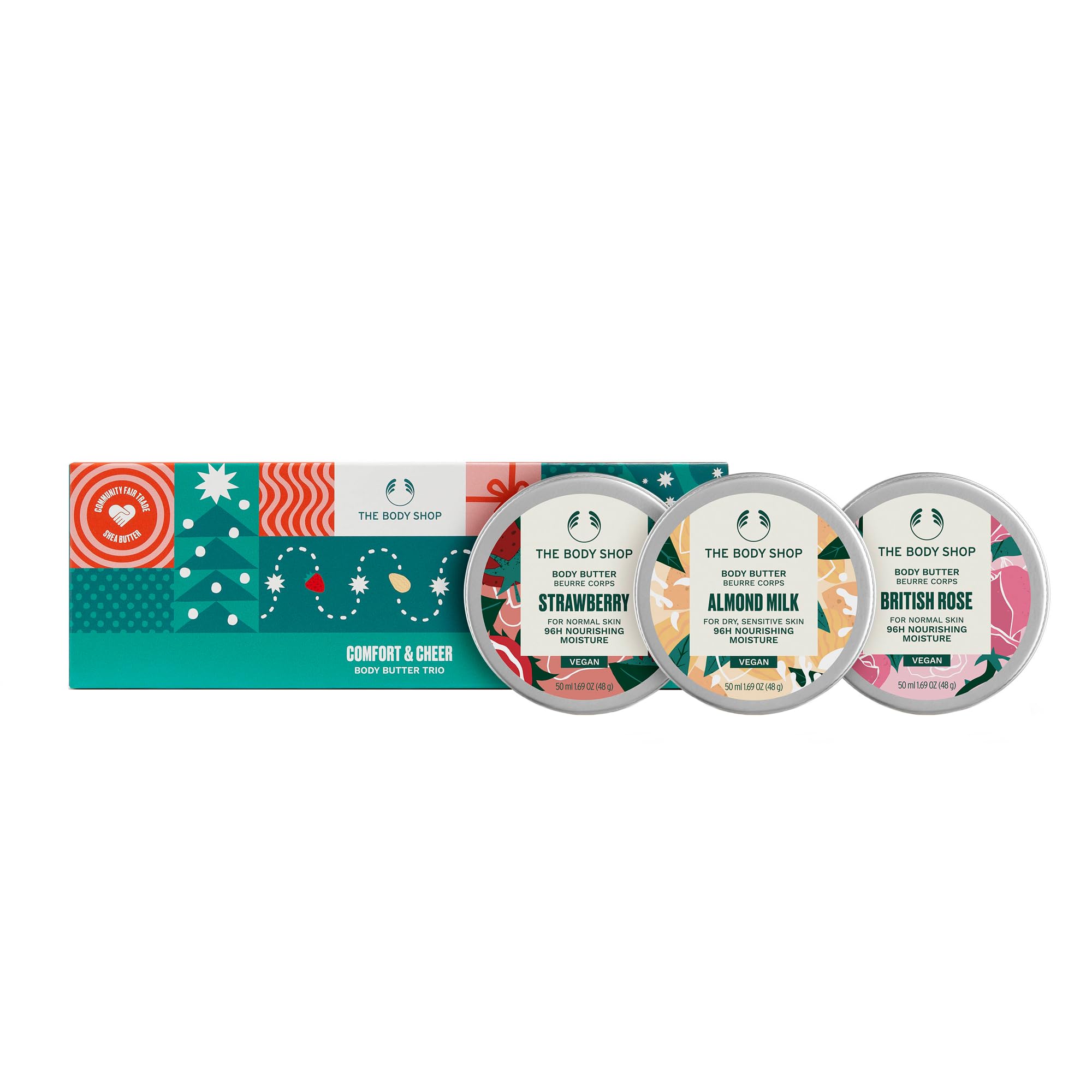 THE BODY SHOP Brand Gift Boxes Ideal for Unisex Adult Trio, 3 x 50 ml, Amond Milk, Strawberry, British Rose Scents Gift Set