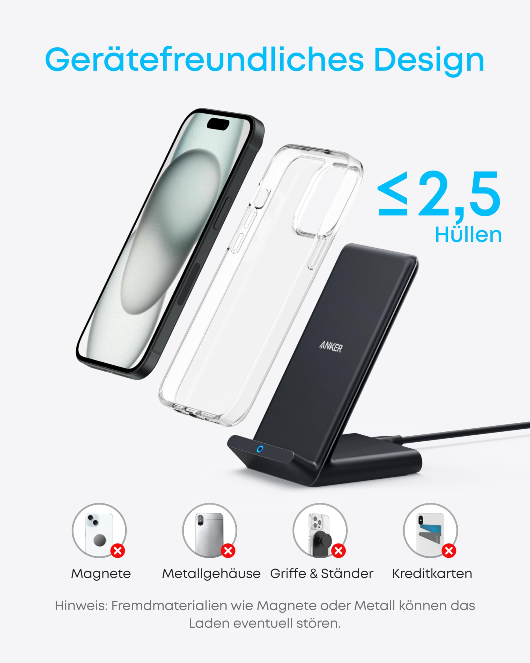 Anker 313 Induktive Ladestation, Qi-Zertifiziert, Für iPhone 17/17 Pro/17 Pro Max/16/15/14/13, 10W Schnellladen für Galaxy S24 S23 S22 (Ohne Netzteil) 6