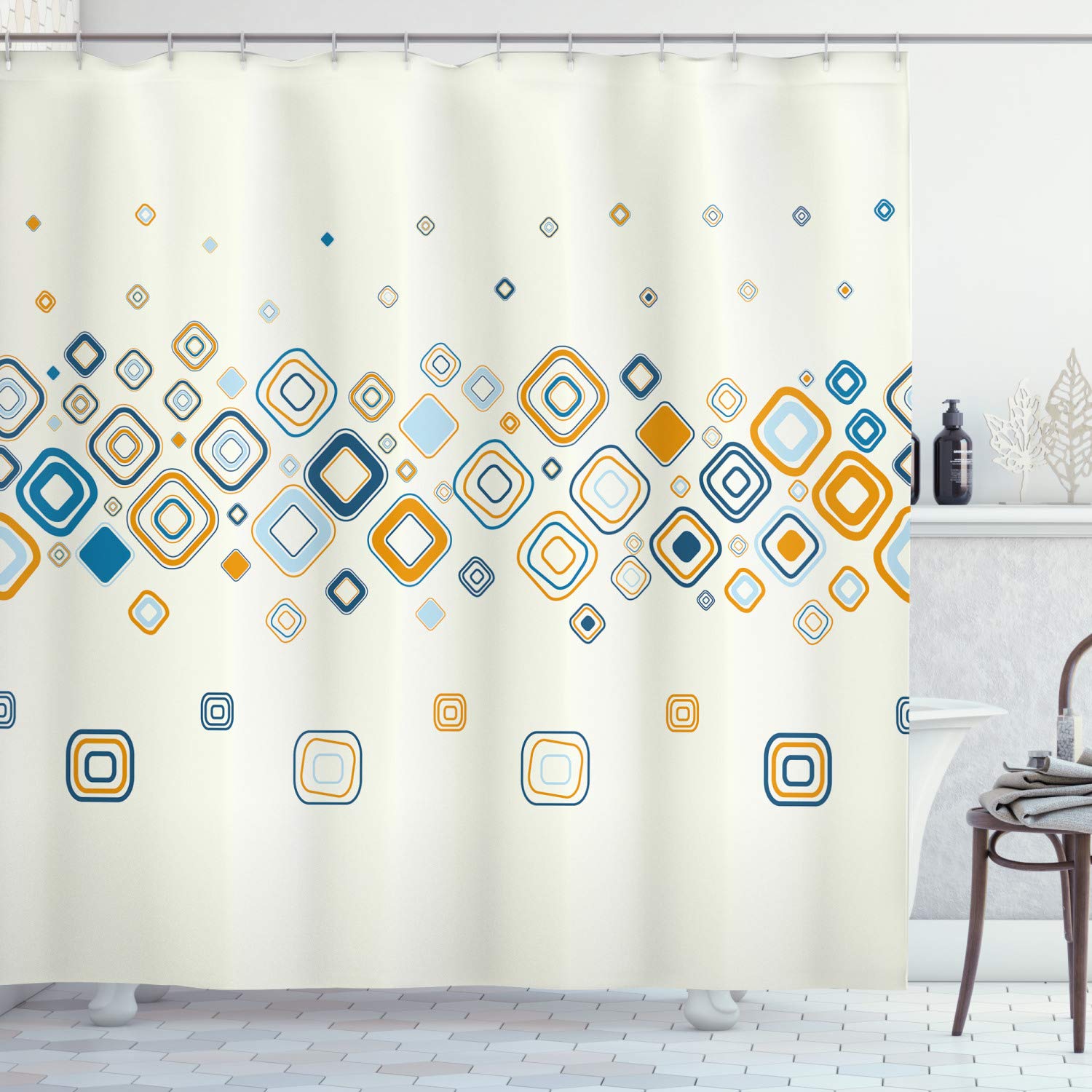 ABAKUHAUS Modern Shower Curtain, Vector Illustration of Repeating Geometric Shapes Pattern Print, Cloth Fabric Bathroom Decor Set with Hooks, 78" Inches, Cream Marigold Pale Blue — image 1