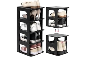TRZZ 5-Tier Small Shoe Rack, Vertical Narrow Stackable Organizer with Removable Partition, Efficient Shoe Storage for Closet, Entryway, and Small Spaces (Black)