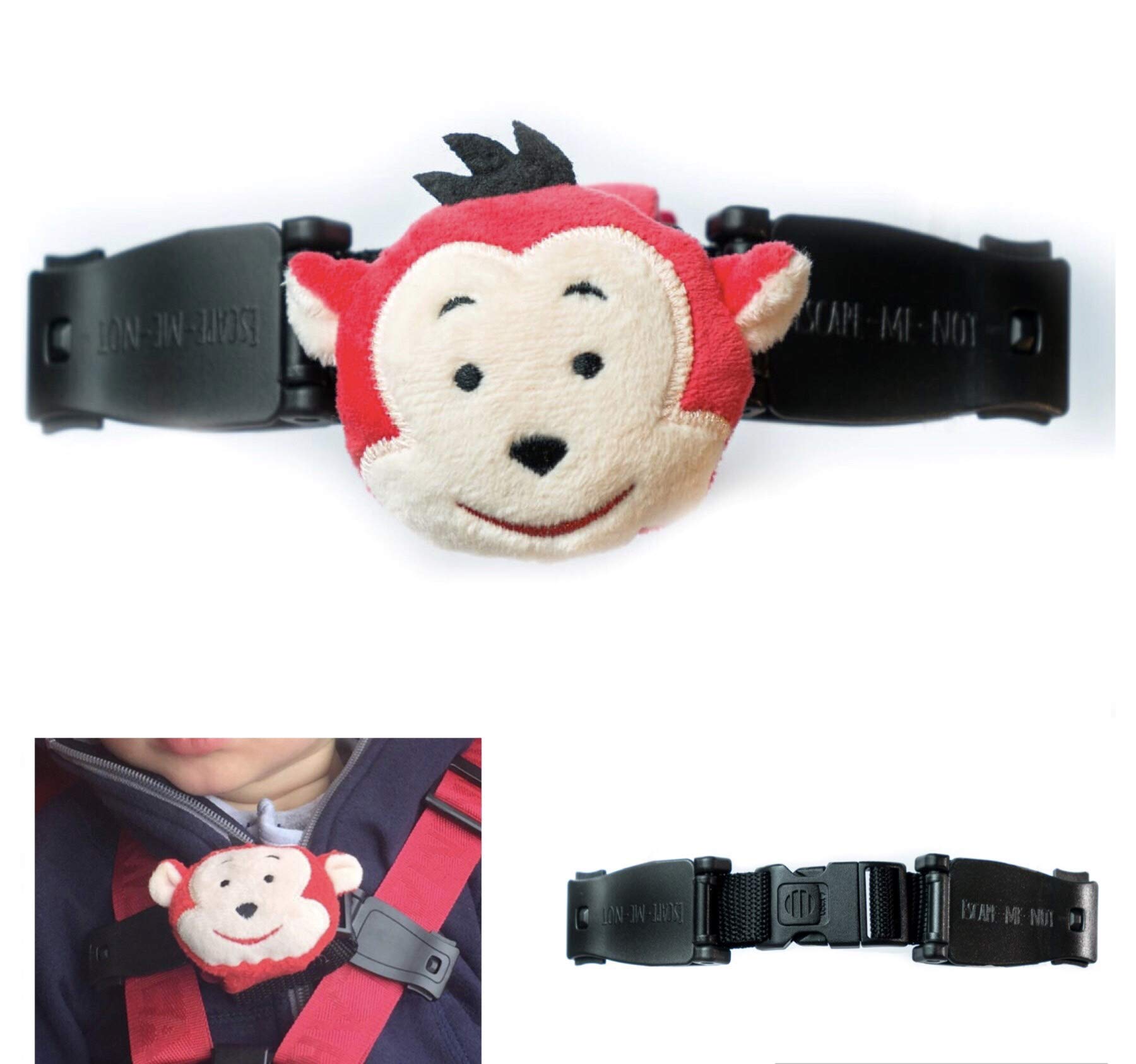 Escape Me Not - Car Seat Anti Escape Harness Chest Clip, Monkey Design - Helps Prevent Children Taking Their Arms Out of the Straps - No Threading Required, Universal Fit